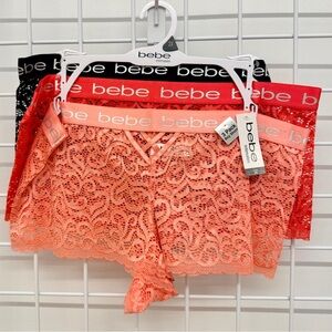 bebe Lace Boyshorts Trio in Coral, Peach, and Red